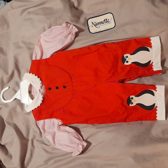 Nannette Other - Vintage New Deadstock Penguin Christmas Holiday Romper Overalls Set Pants Red